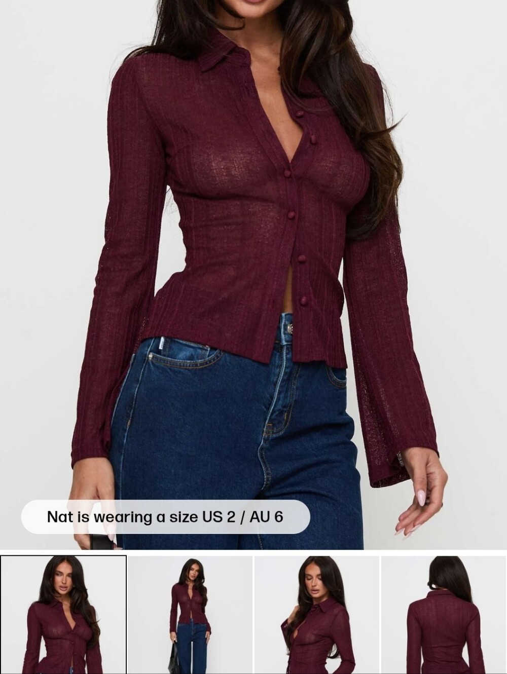 Princess Polly Burgundy Long Sleeve Button Front Top - Picture 1 of 3